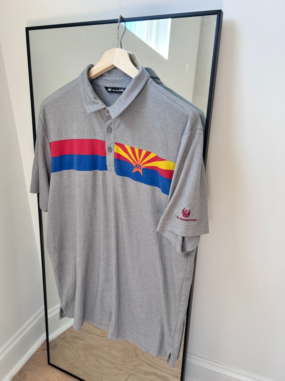 Travis Mathew x Phoenician Grey Polo with Red, Blue and Yellow Arizona Stripe